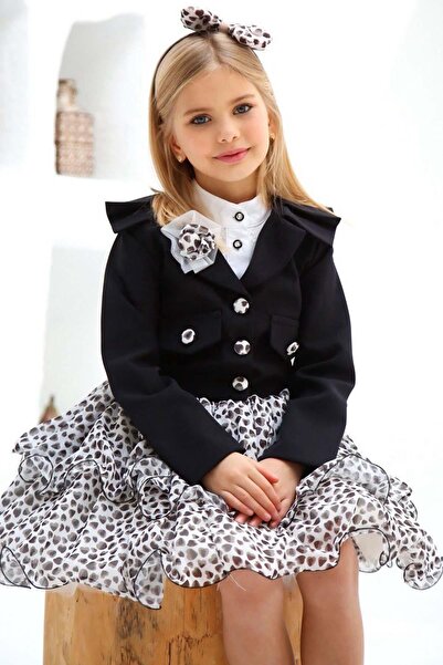Riccotarz Girl's Brooched Clazer Jacket and Chiffon Puffy Tulle Black Skirt Set