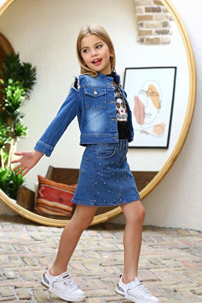 Riccotarz Set de fuste albastre Jeans, brodate cu piatră, cu fante pe umeri pentru fete