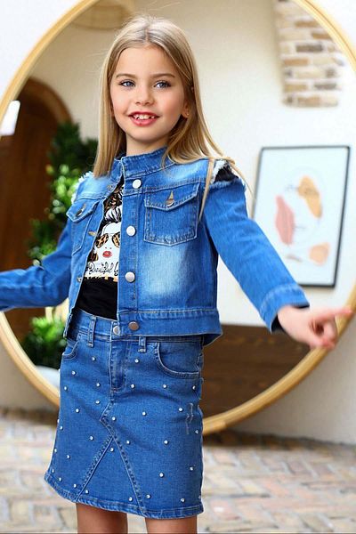 Riccotarz Set de fuste albastre Jeans, brodate cu piatră, cu fante pe umeri pentru fete