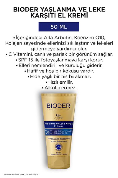 Bioder Hand Cream 50 Ml - Anti-Aging, Wrinkle and Blemish, Collagen Q10, Arbutin Vitamin C, SPF 15, Alcohol-Free