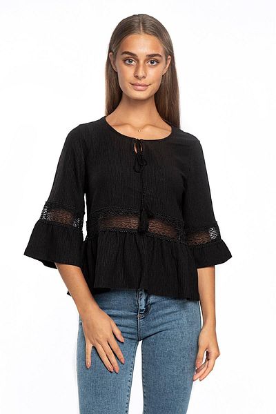Miss Murem Flounced Sleeve Lace Blouse-black