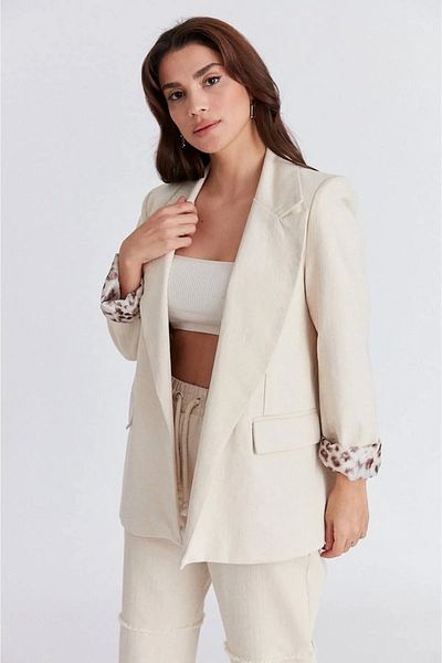 My Blog Damenjacke aus Rohleinen mit Leopardenmuster und Futter in Steinfarbe