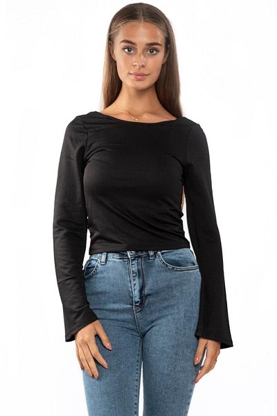 Miss Murem Open Back Balloon Sleeve Blouse-Black
