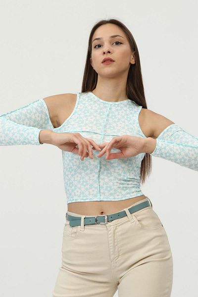 Miss Murem Off Shoulder Piece Long Sleeve Blouse-water Green