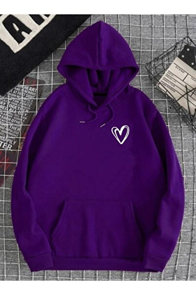 ORLONTEX Hanorac supradimensionat cu glugă cu imprimeu inimă violet pentru femei