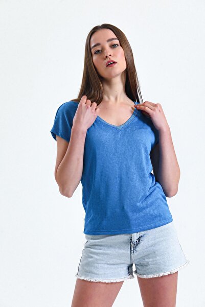 Miss Murem V-Neck Glitter Blouse-blue