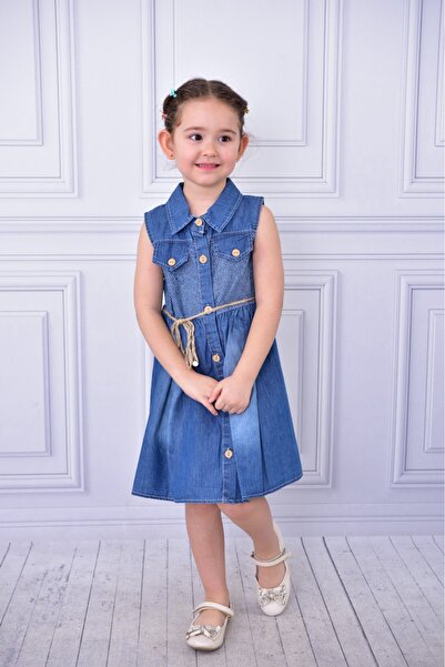 BUUFUU FRONT BUTTONED JEANS ZERO SLEEVE GIRL'S DRESS