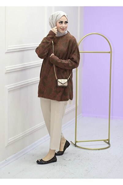 Aden aydın Leopar Desen Simli Soğuk Iplik Ince Premium Triko Tunik