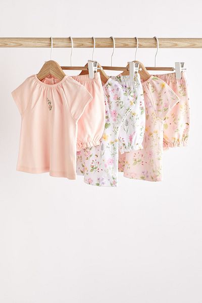 Next Baby 100% Cotton Pale Pink Floral 3-Piece Top and Bottom Set with Shorts