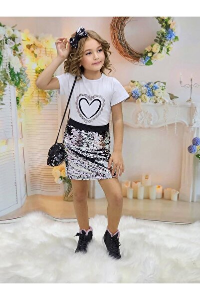 nisaykids Kız çocuk payetli etek tişört çanta toka takım toplam 4 parça