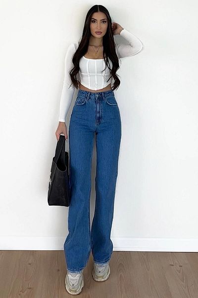 geenz manifacture Christian 90&#39;s Medium Blue Lycra Palazzo Džínové kalhoty se super vysokým pasem