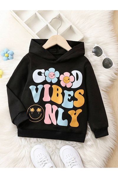 AEMİ Детски суитшърт с качулка и принт Good Vibes Only - Черен суитшърт с качулка за момичета