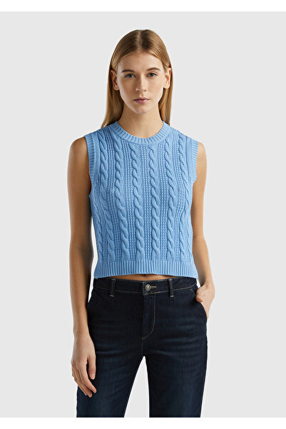 United Colors of Benetton Light Blue Cotton Crop Sweater - Hair Braided