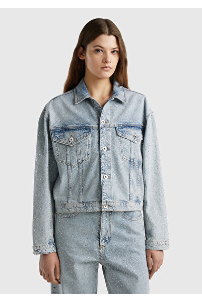 United Colors of Benetton Kadın Açık Mavi %100 Pamuk Tamamı Baskılı Denim Kıs...