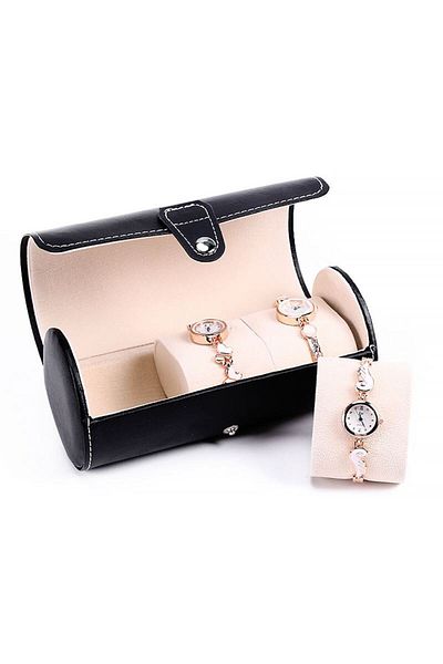 Chavin Black Leather 3-Piece Cylindrical Organizer Travel Watch and Glasses Case