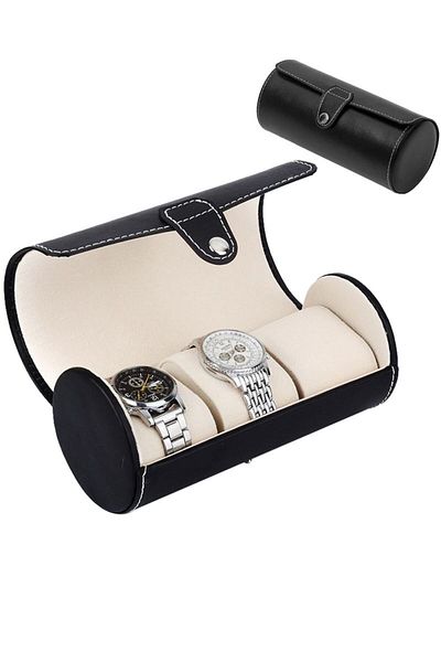 Chavin Black Leather 3-Piece Cylindrical Organizer Travel Watch and Glasses Case