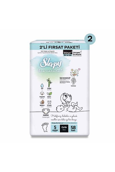 Sleepy Bio Natural Baby Diapers - Economical Opportunity Pack of 2, Size 5 Junior - 116 Pieces (58X2) Pieces