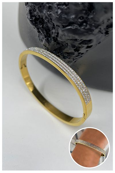 Manken İstanbul Women's Gold 3 Row Stone Model Steel Bracelet, Handcuff Bracelet, Bracelet
