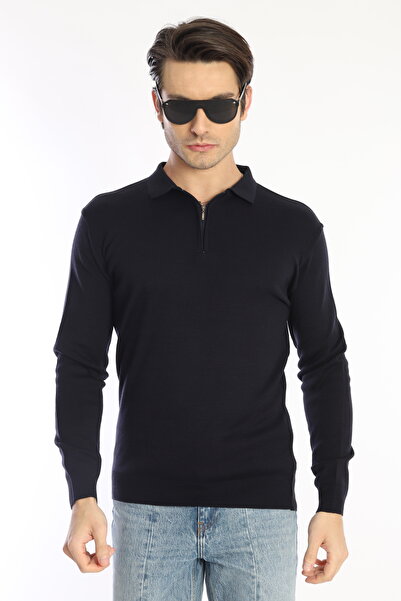 Lacivert Fermuarlı Uzun Kollu Polo Yaka T-shirt Kazak