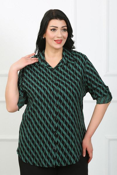 By Alba Collection Γυναικείο Πουκάμισο Βαμβακερό Βισκόζη με Σχέδιο Χακί Ζιγκ-ζαγκ