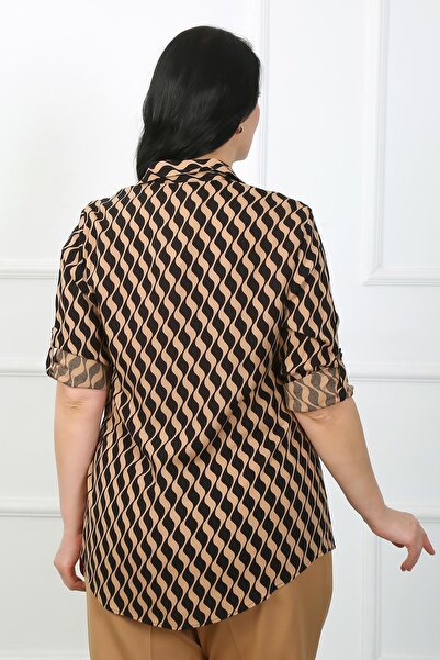 By Alba Collection Women's Tan Zigzag Pattern Cotton Viscose Large Size Shirt