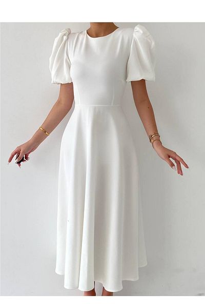 vuvutasarım Λευκό ύφασμα Atlas με στρογγυλή λαιμόκοψη Princess Sleeve Detail Midi φόρεμα 220