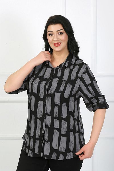 By Alba Collection Women's Gray Patterned Cotton Viscose Large Size Shirt