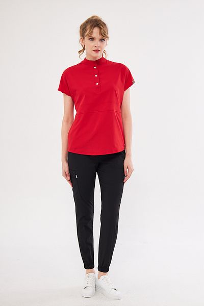 Class Üniforma Nova - Red Black Women's Lycra Prevailing Collar Snap Fastener Flexible Nurse and Doctor Jersey Scrubs