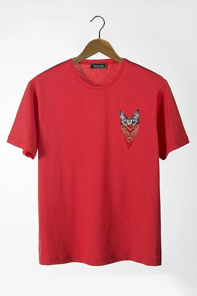 Evomind Unisex Masked Cat Printed Oversize Red T-shirt on the Front