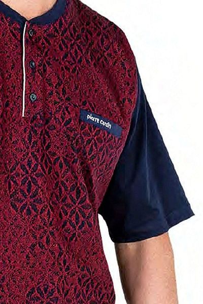 Pierre Cardin 6051 Men's Short Sleeve Jacquard 3-Piece Pajama Set-Burgundy