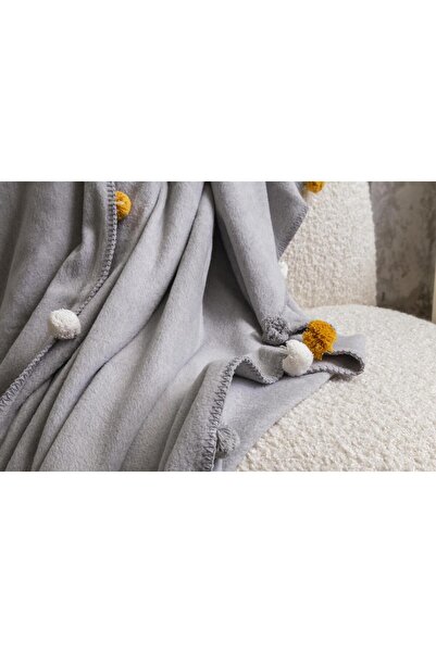 AKSU Tek Kişilik Ponponlu Pike Battaniye 150x200 Gri