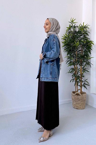 Ka Hijab Brown Satin Look Pleated Hijab Skirt
