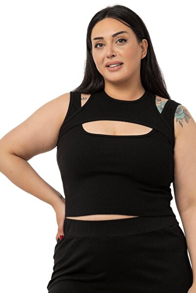 DISENTIS MODEST Large Size Low-cut Ribbed Camisole Black Body