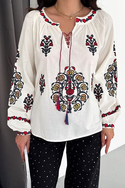 FEMELLE Women's Tasseled Full Cross Stitch Embroidered Cotton Blouse