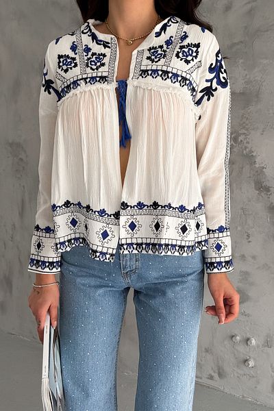 FEMELLE Women's Ethnic Pattern Embroidered Seasonal Jacket with Tassels
