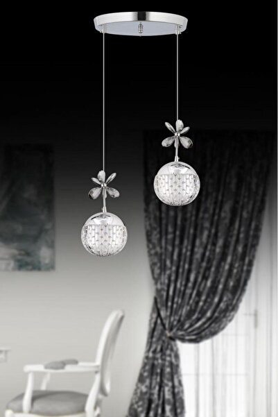 İstanbul Avize Sante 2'li Gümüş 3 Renk Ledli Kristal Taşlı Modern Led Avize