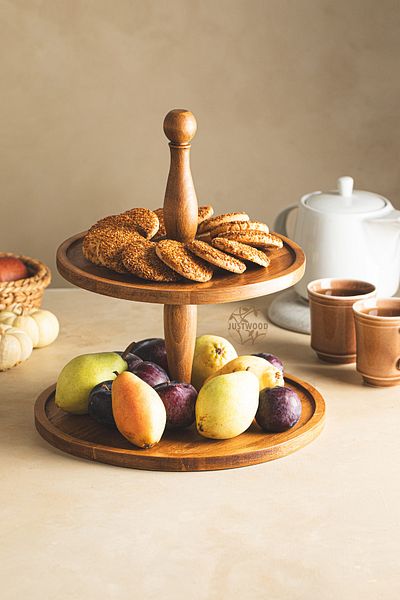 justwood 2 Pieces 2 Tiers Cake Stand and 29 Cm Wooden Round Cake Presentation Serving Plate with Risus Ball Legs