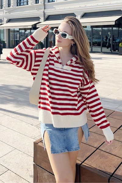 Bianco Lucci Pulover oversize tricot cu dungi cu fermoar pentru damă