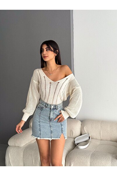 MST CLOTHİNG Γυναικεία βαμβακερή πλεκτή μπλούζα με μακριά μανίκια και λαιμόκο...