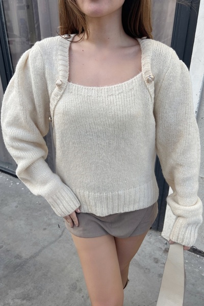 Bianco Lucci Women's Square Collar Button Patterned Knitwear Sweater