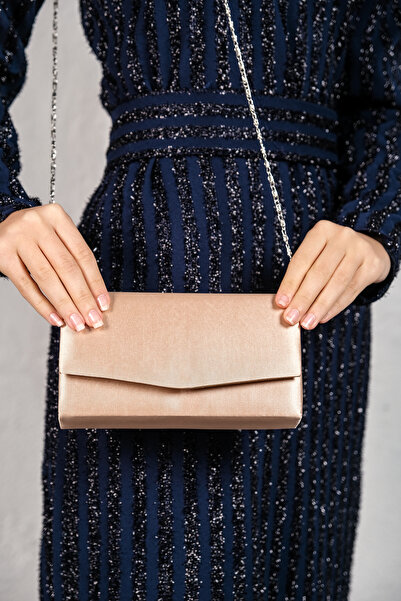 ROZA CANTA Kadın Ten Saten Mini Kutu Omuz Abiye Çantası