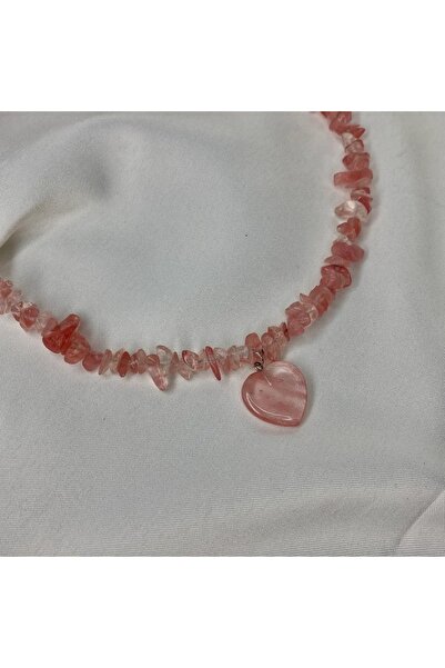 Elifsu Jewelry Çilek Kuvars Taşı Kalp Uçlu Kırıktaş Doğal Taş Kolye