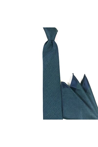 Sade Kravat Yeşil Lacivert Melanj Desenli Mendilli Ince Kravat 21717 Yeşil