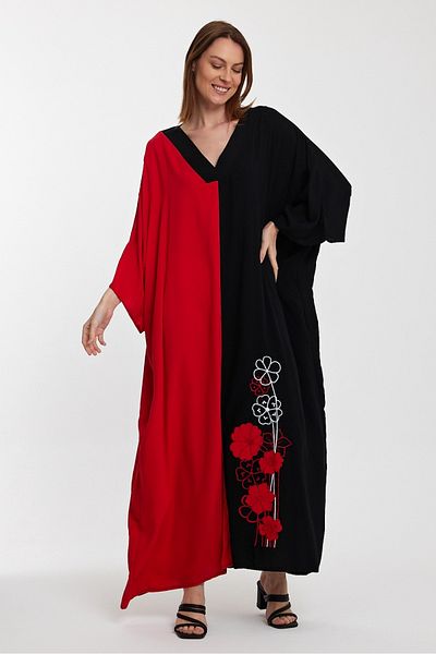 AYASOFYA OTANTIK Rochie de damă, neagră, roșie, cu broderie cu flori, cu decolteu în V