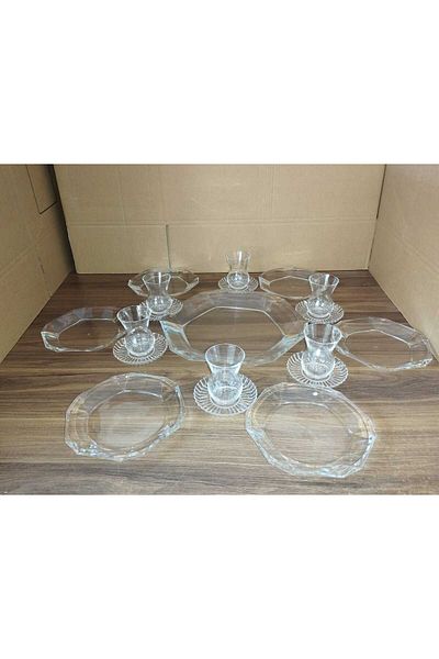 Paşabahçe Reflection Crystal Tea Cup Dessert Plate Serving Plate Tea Presentation Set 19 Pieces