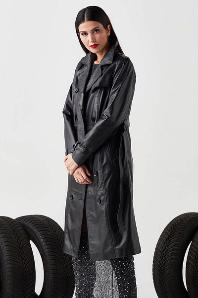 Deriza Funda Genuine Leather Women's Trench Coat Black