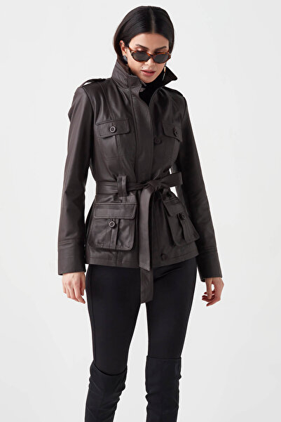 Deriza Nena Hakiki Deri Kadın Trençkot Kahverengi