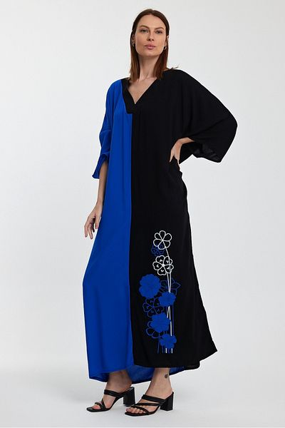 AYASOFYA OTANTIK Rochie de damă, neagră, albastră, cu broderie cu flori, cu decolteu în V
