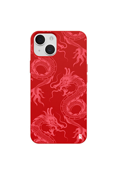 Casen iPhone 13 Dragon Tasarımlı Kırmızı Renkli Silikon Telefon Kılıfı