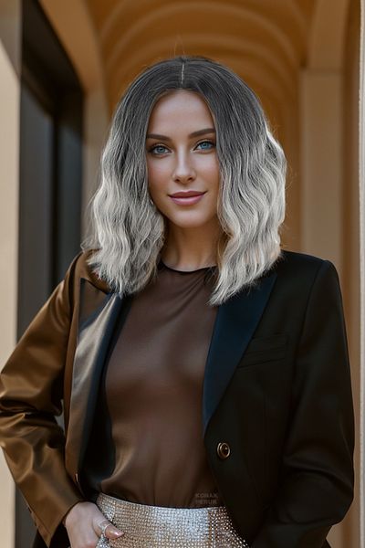KONAK PERUK Black/Grey Ombreli Fiber Synthetic Short Wavy Rivetless Wig